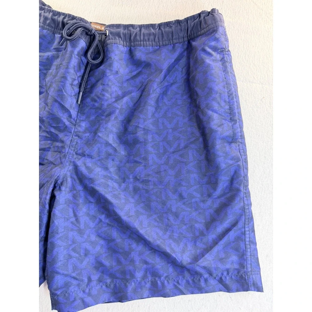 Michael Kors Mens Navy Blue Monogram Logo Swim Trunks Shorts Size L Drawstring